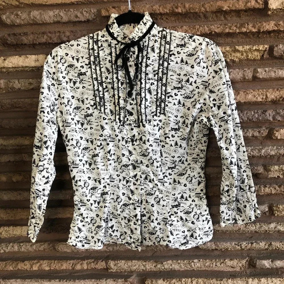 Graff Vintage Modest Black Prairie Print Tuck Print Blouse With Tie - Picture 1 of 7